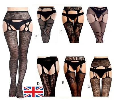 UK Sexy Crotchless Suspender Tights Fishnet See Through Stockings Garter Belt