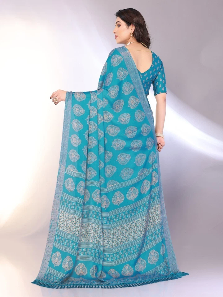 Estampado, estampado en bloque de gasa de uso diario, sari de Georgette (azul) Foto 3 de 4