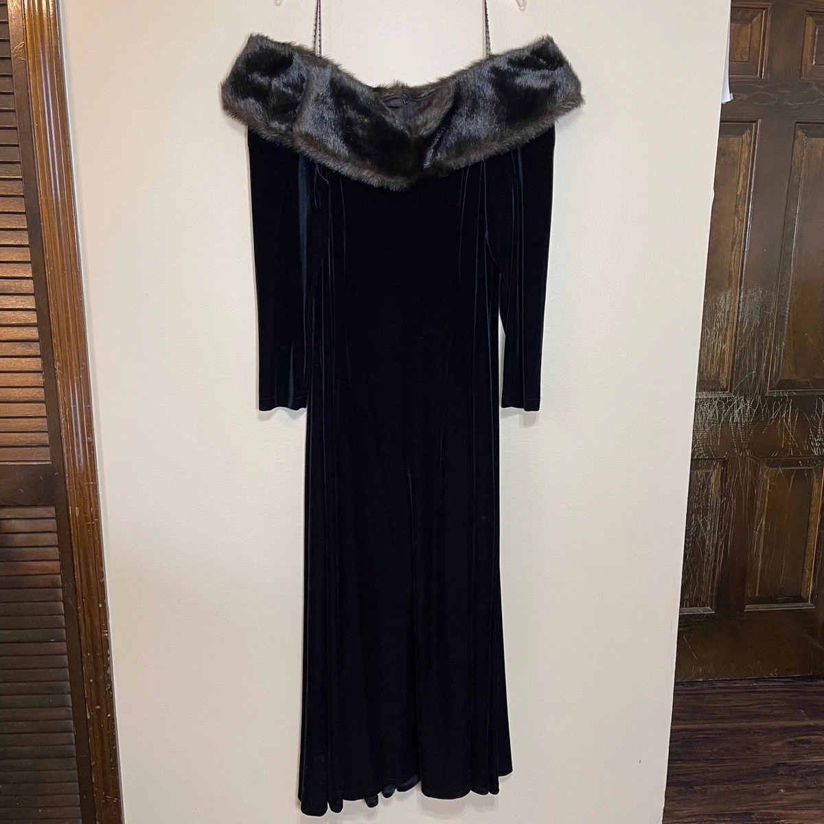 fitted lace wedding dress Noella Off-Shoulder Fur Trim Maxi Dress Wine main image 1
