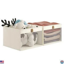 Beige Linen Closet Organizers - 2 Pack Foldable Baskets with Mesh Windows, 12.75