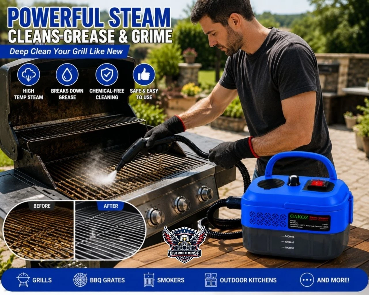 GAKOZ Handheld Steam Cleaner 2500W High Pressure Portable Steamer for Grills