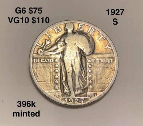 1927-S Standing Liberty Silver Quarter ~ Low Mintage KEY DATE Toned