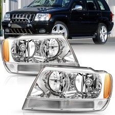 For 1999-2004 Jeep Grand Cherokee Chrome Headlights Amber Corner Headlamps Pair