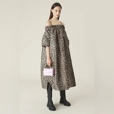 GANNI Size S/M Off-The-Shoulder Leopard-Jacquard Midi Dress $345