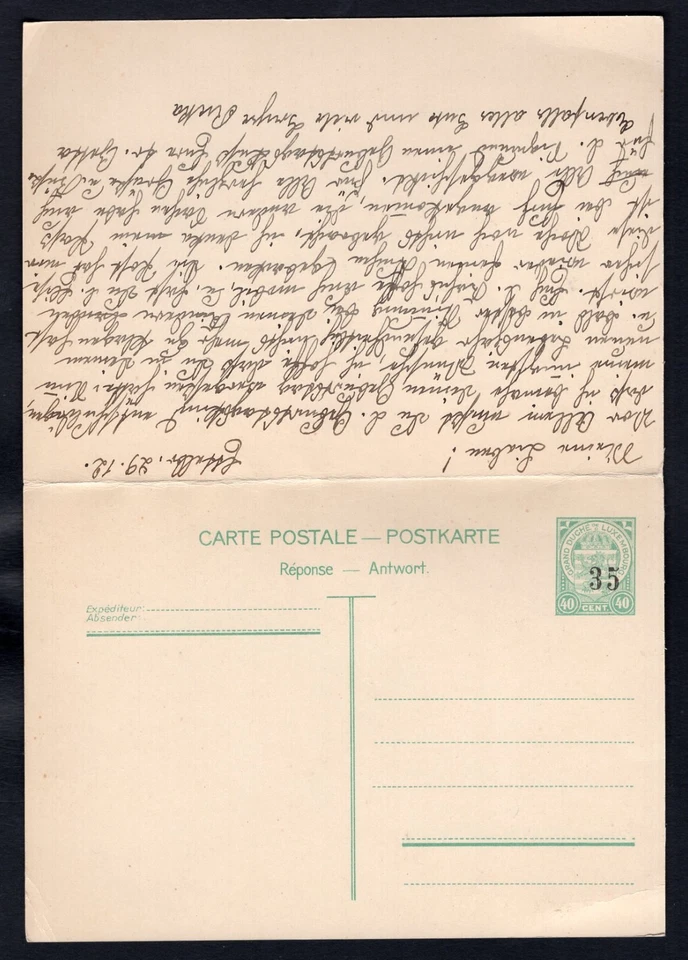 LUXEMBOURG 1939 Re-Valued Postal Card with Reply to Belgium - Image 2 of 3