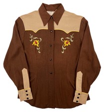 VTG H Bar C Brown Floral Embroidered Pearl Snap Western Shirt