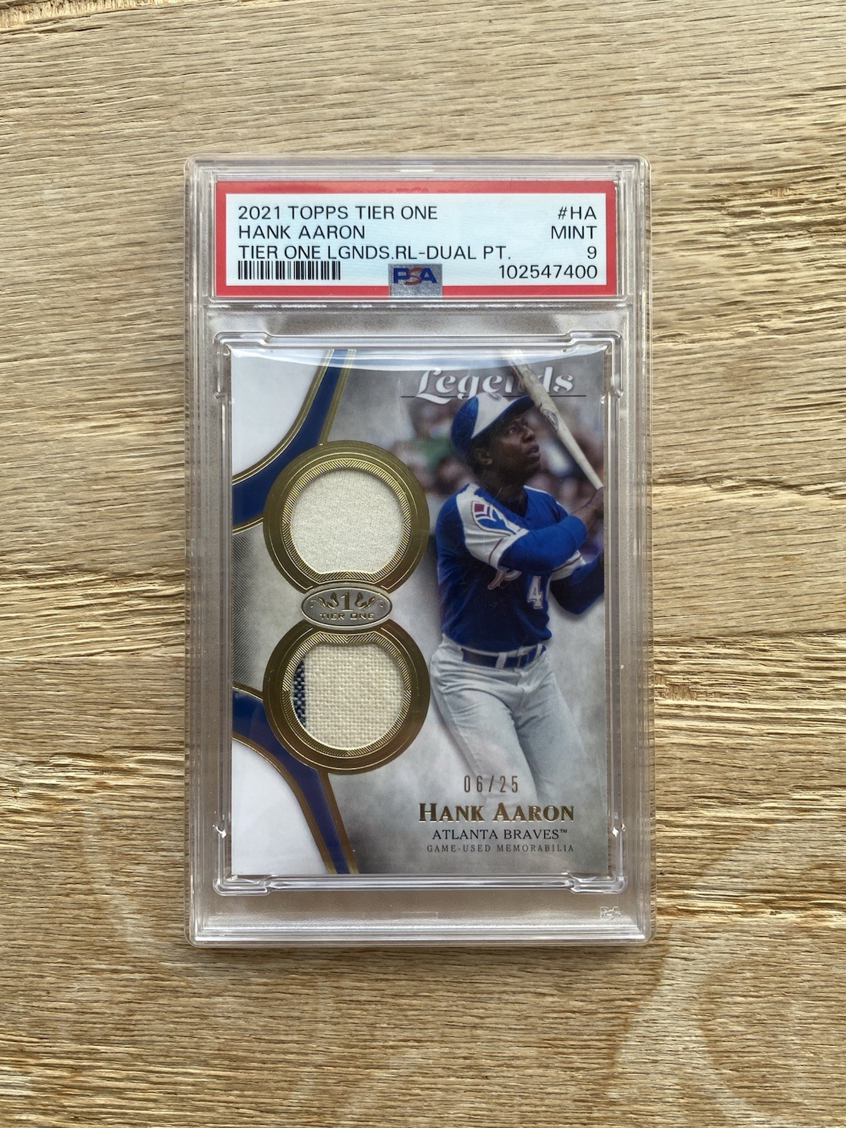 HANK AARON 2021 TOPPS TIER ONE LEGENDS DUAL PATCH GAME WORN /25 PSA 9 MLB RARE
