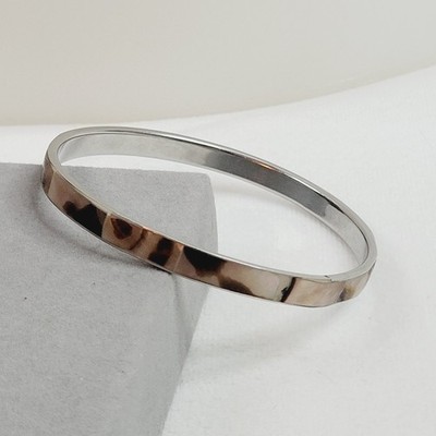 Cowrie Shell Inlay Silver Tone Bangle Bracelet Spotted Iridescent Boho 8.5''