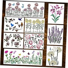 Flower Stencils for Painting on Wood - Reusable Flower Stencils - 9 Set
