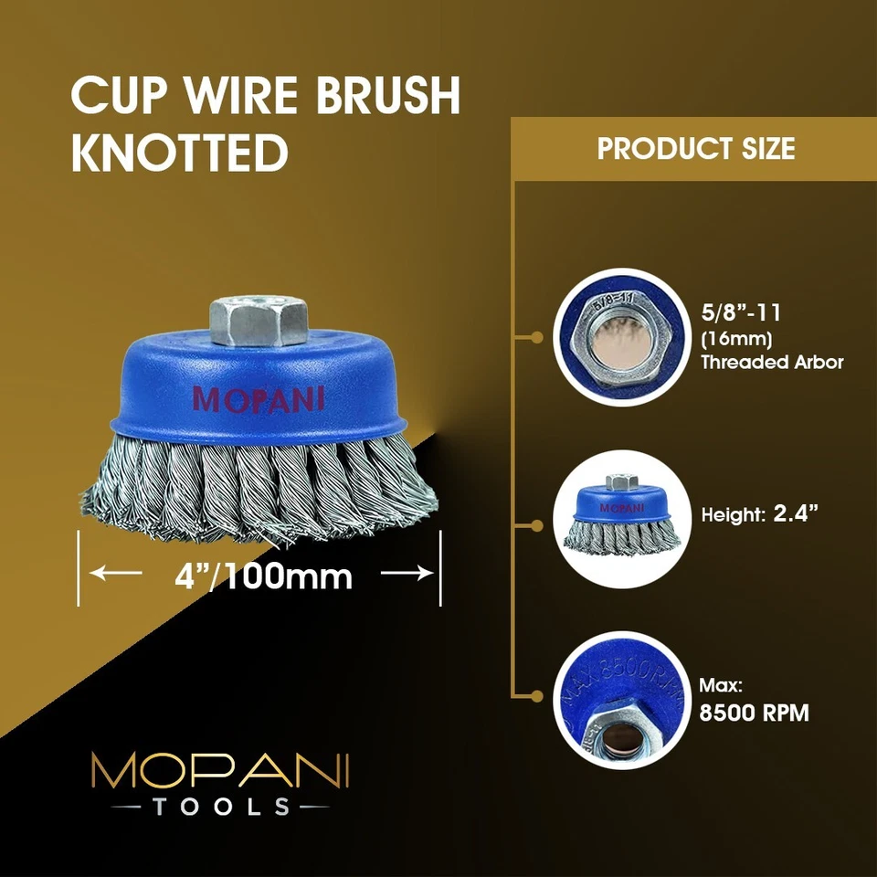 Cepillo de taza de alambre torcido (nudo) de 4" roscas de 5/8"-11NC para amoladora angular - Paquete de 8 Foto 2 de 4