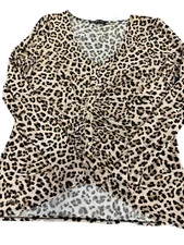 INC Women's Animal-Print Ruched-Front V-Neck Top SZ PM, Cheetah NO TAGS