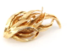 Vintage Brooch Pin Furled Leaf Spray Figural Gild Feather Three Dimensional