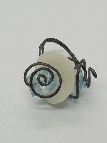 Brutalist Handmade Statement Ring Wired Plastic Beads Blue White Gray - Picture 2 of 7