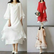 Women Lady Retro Linen Chinese Classical Tea Dress Loose Long Sleeve Skirt Hanfu