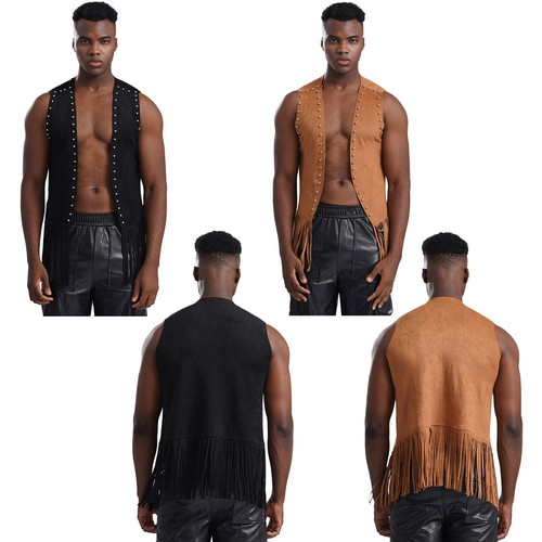 Men Waistcoat Faux Suede Vest Carnival Jacket Plus Size Coat Rivets Costume - 第 6/26 張圖片
