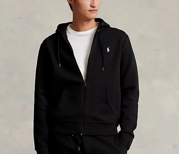 Polo Ralph Lauren nuova con etichette SOLID BLACK DOPPIA MAGLIA FULL ZIP CAPPUCCIO UOMO 4XB WHITE PONY
