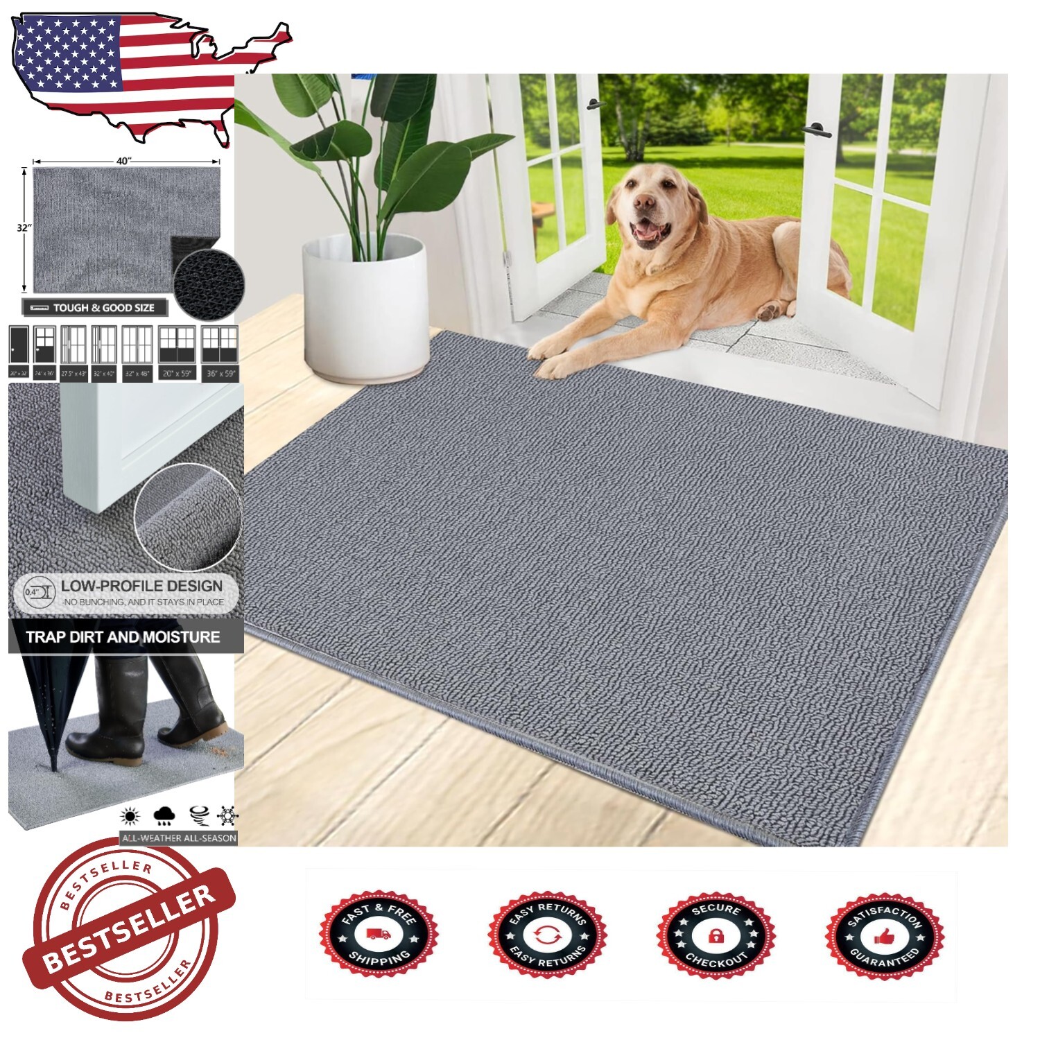 32x40 Grey Non-Slip Doormat for Indoor/Outdoor Use in All Rooms