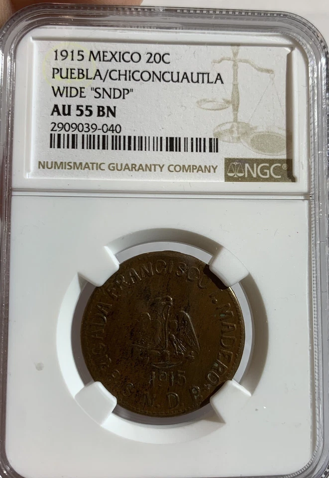 1915 MEXICO 20 CENTAVOS PUEBLA/CHICONCUAUTLA WIDE SNDP NGC AU55BN - Image 3 of 3
