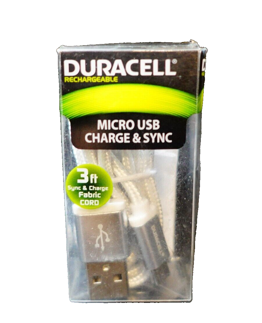 Duracell 3FT Fabric Micro USB Cable for Charging and Sync in White Silver LE2180