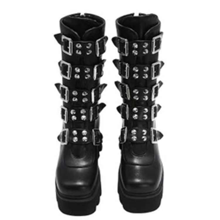Women's Wide Foot Multi Buckle Platform Studded Mid Calf Boots High Heel Shoes