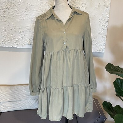 Zara Olive Green Tiered Mini Dress Long Sleeve Boho Size XS | eBay