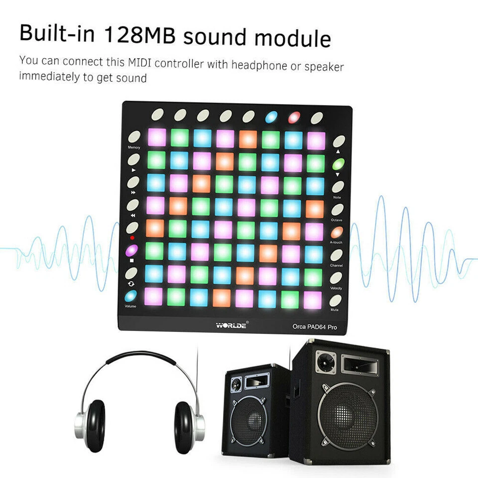 Worlde ORCA PAD48 Portable USB MIDI Drum Pad DJ Controller 48 Pads RGB Backlit - Bild 3 von 4