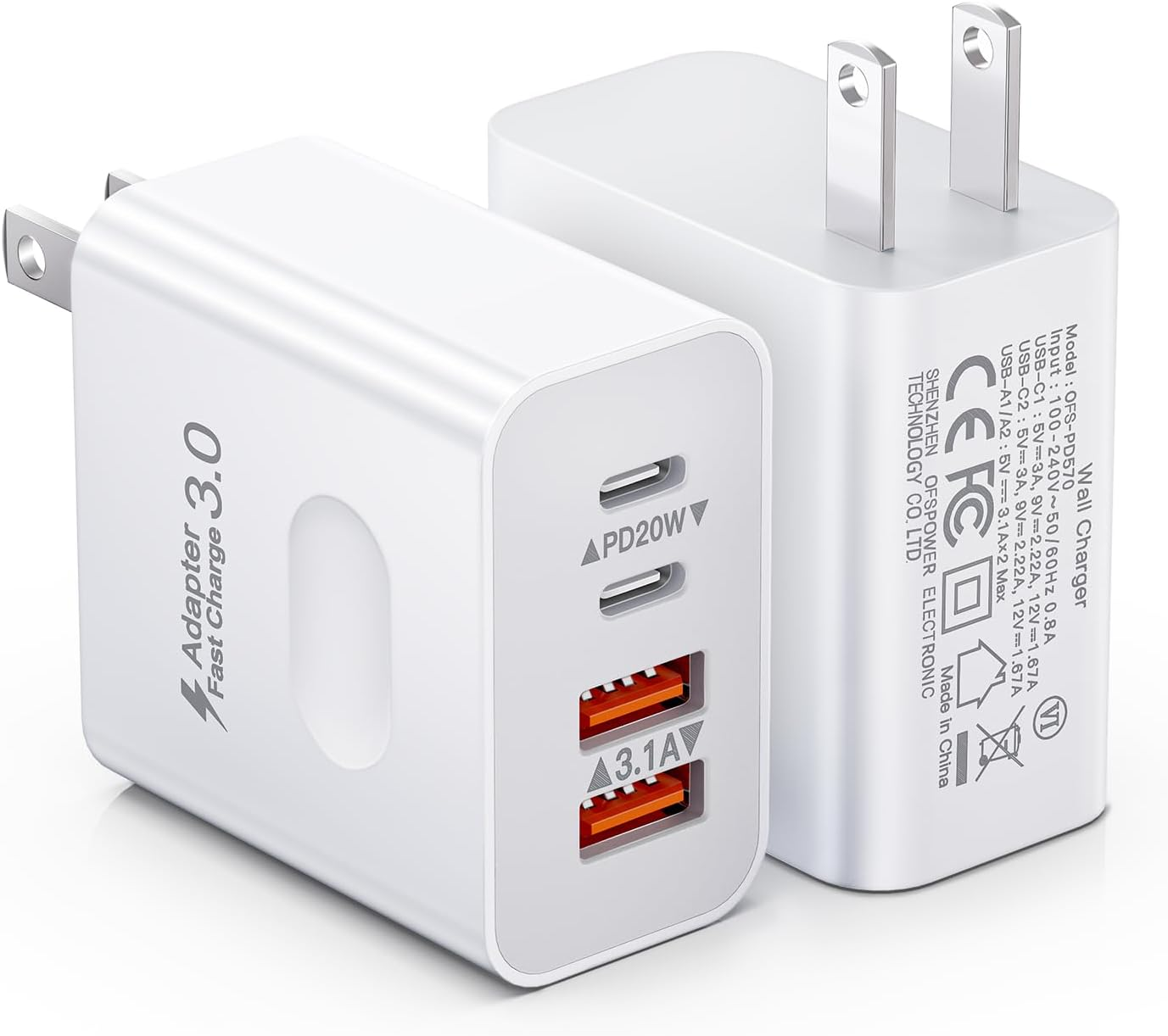 [2-Pack] USB C Wall Charger, 40W 4-Port Fast Charging Block USB C Charger Dual U
