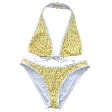 PINK by Frankies Bikinis Yellow Floral Plaid Halter Bikini Set XL Vaction