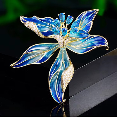 Gold Blue Crystal Iris Flower Brooch Enamel Rhinestone Pin Nature Jewelry Gift