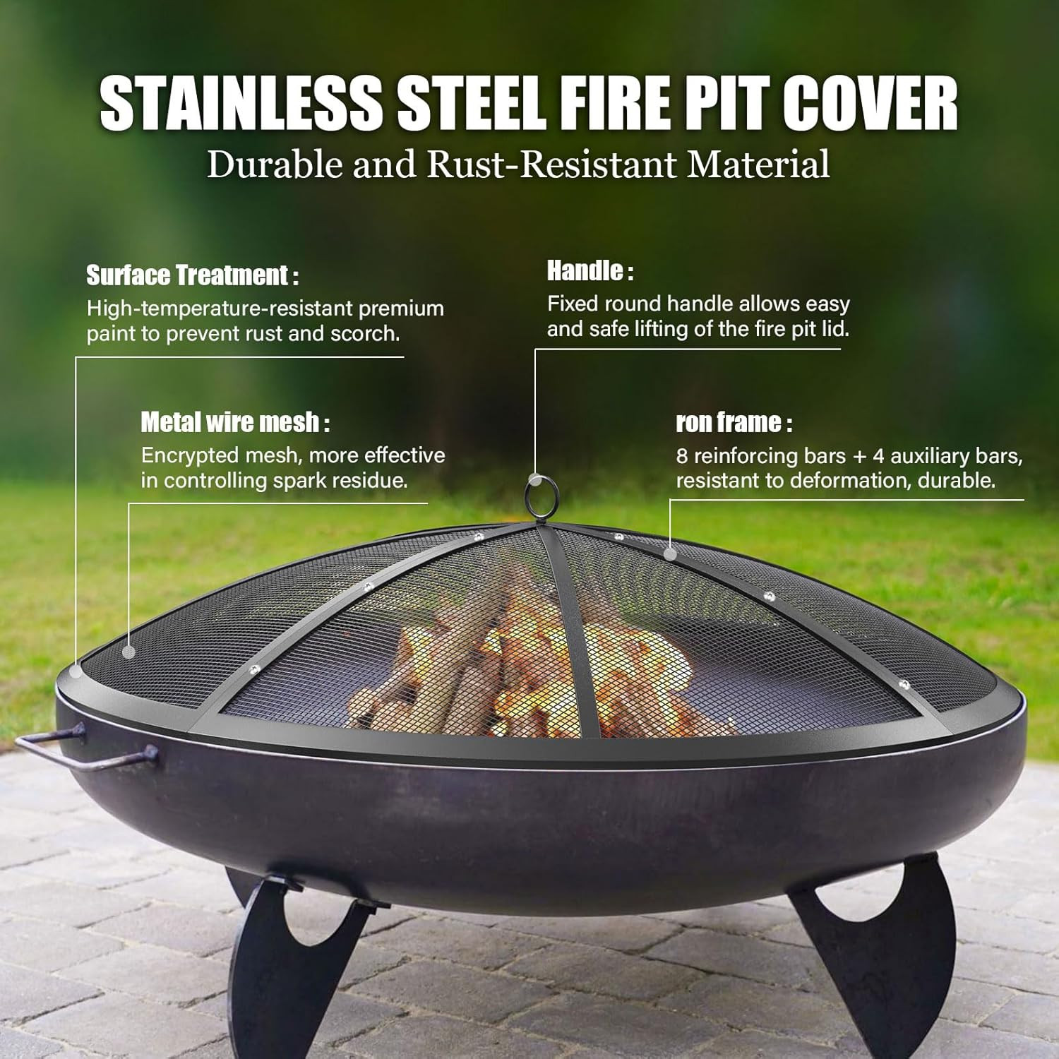 Fire Pit Spark Screen, 22Inch Fire Pit Lid Outdoor with Handle & Poker, Heavy-Du