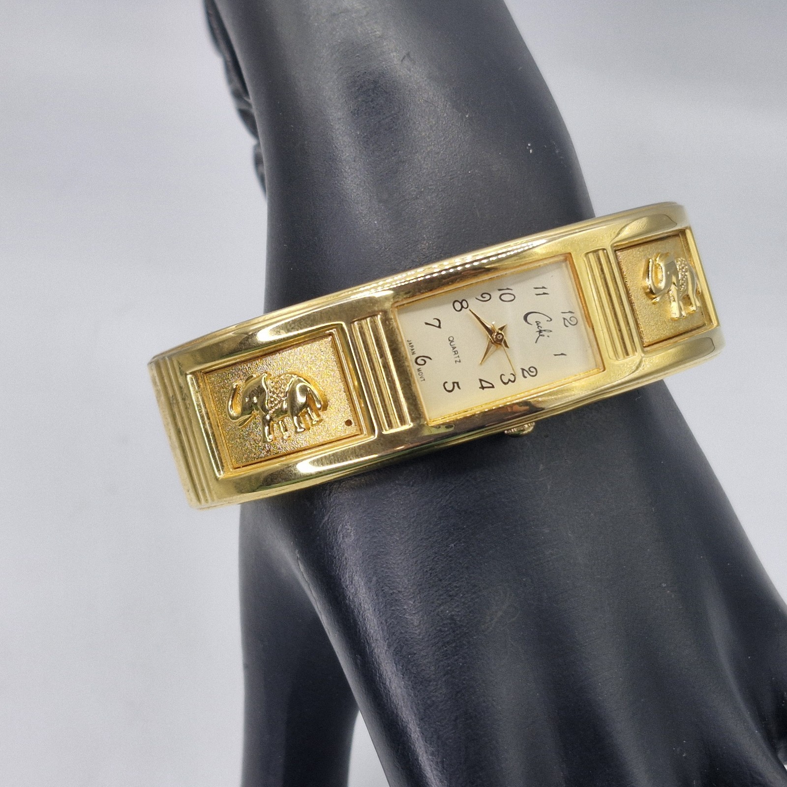 Vintage 90s Cache Women's Watch Gold Tone Cuff Elephants