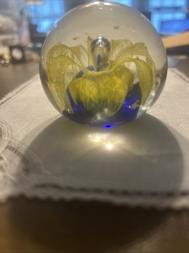 Vintage Murano Yellow Flower Glass Paperweight - Picture 2 of 6