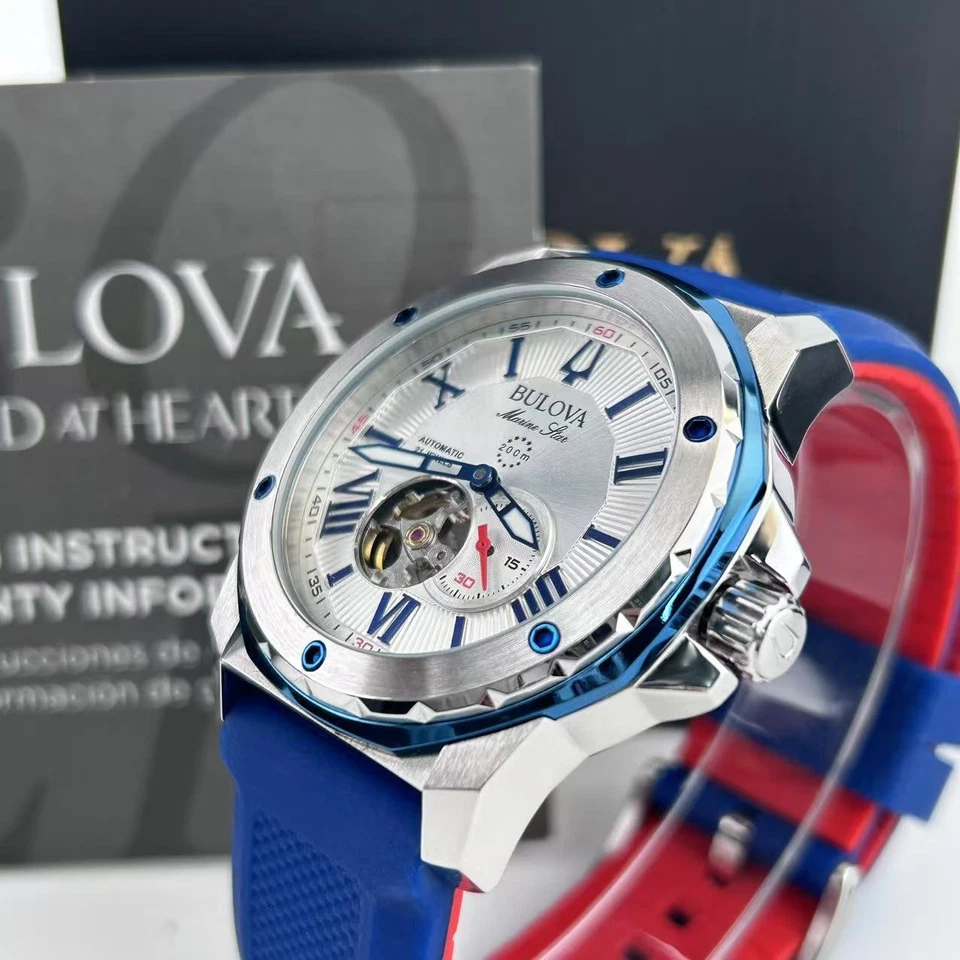 Nuevo reloj automático Bulova Marine Star esfera blanca correa de goma azul para hombre 98A225 Foto 3 de 4