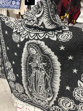 Mexican Virgin of Guadalupe Hooded Poncho Black  Grey Woven Blanket Cape Unisex