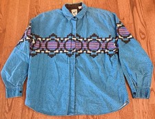 Vintage Roper Bright Turquoise Western Aztec Shirt USA Made - XL