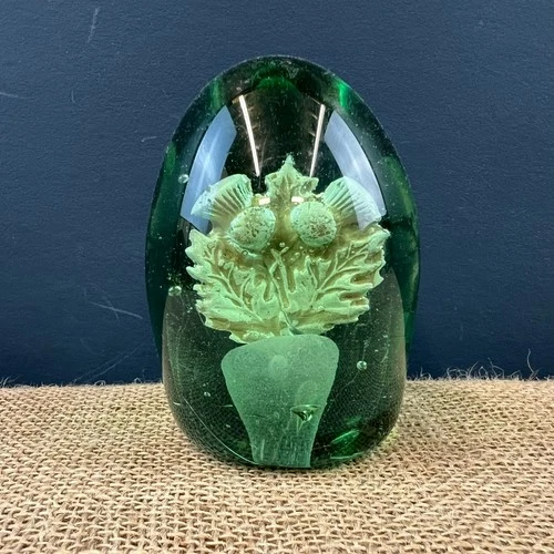 VICTORIAN ANTIQUE GREEN AQUA GLASS DUMP PAPERWEIGHT  FOIL THISTLE FLOWER