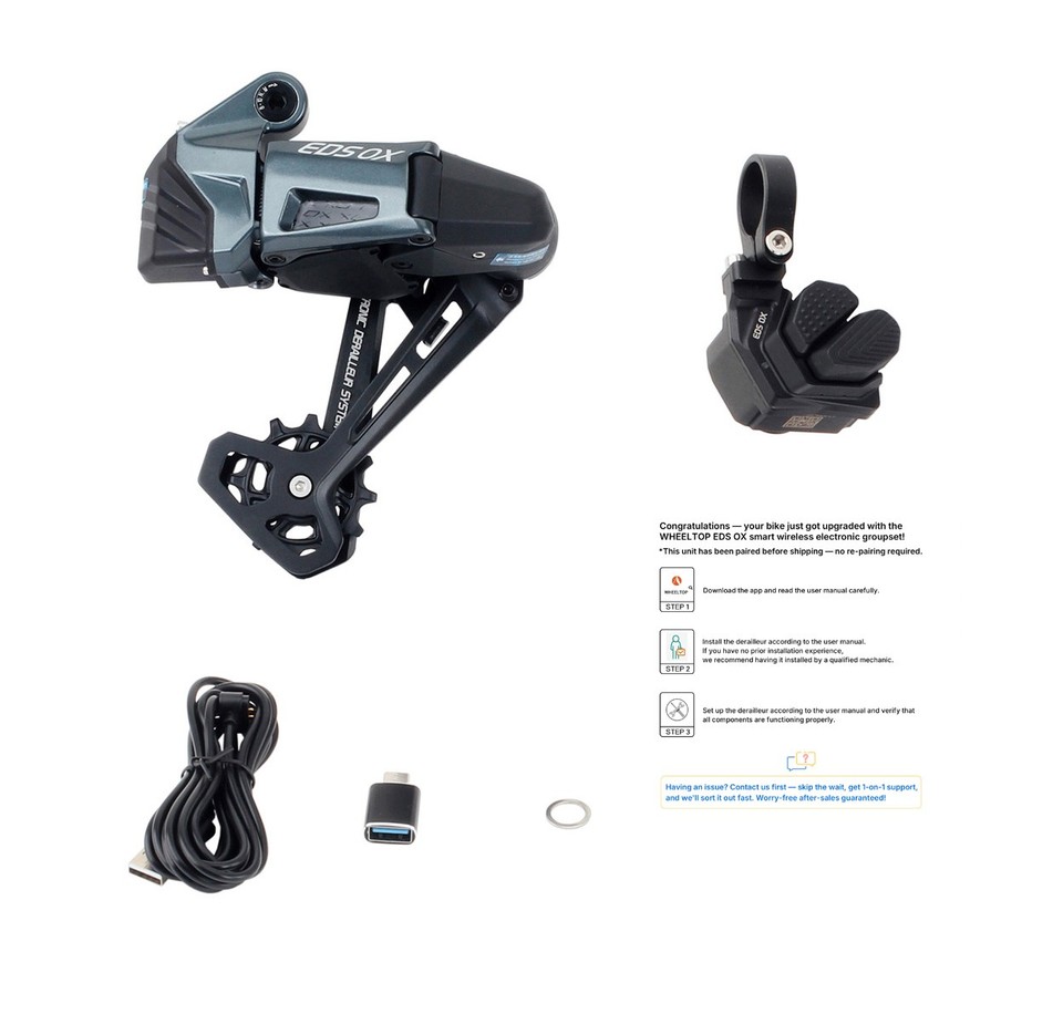 WHEELTOP EDS OX 2.0 package contents: rear derailleur, shifter, magnetic charging cable, Type-C adapter, backup washer and quick-start guide