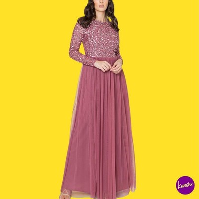 MAYA DELUXE Damen Maxikleid mit Verzierung Langarm, Rosa, UK 22 | EU 50