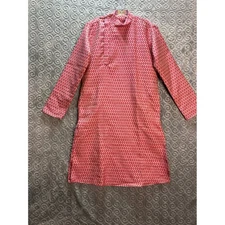 DETHNIC Red Geometric Pattern Mandarin Collar Kurta Tunic Top S 36