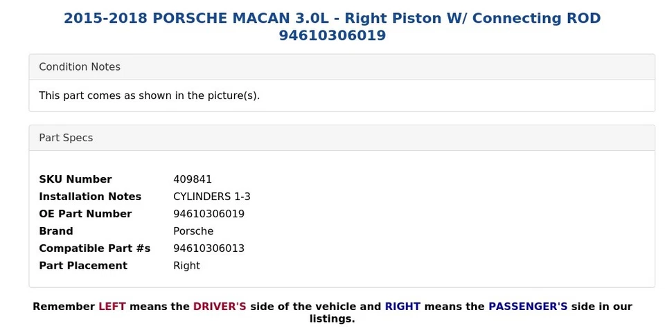 2015-2018 PORSCHE MACAN 3.0L-右活塞带连接杆94610306019 — 第 3/4 张图片