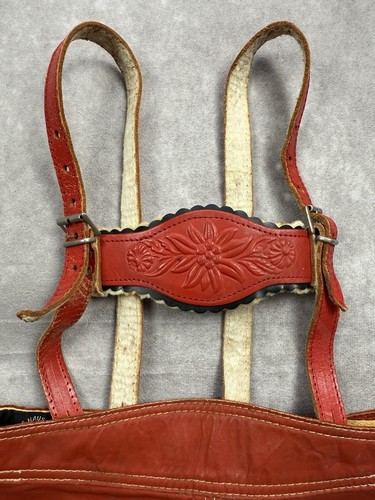 VTG German Red Leather Girls Lederhosen Ortlepp Heart Oktoberfest Bavarian - Picture 7 of 24
