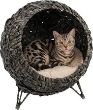 PawHut Rattan Cat Bed,Elevated Handwoven Cat Basket Bed with Soft Cushion and Me