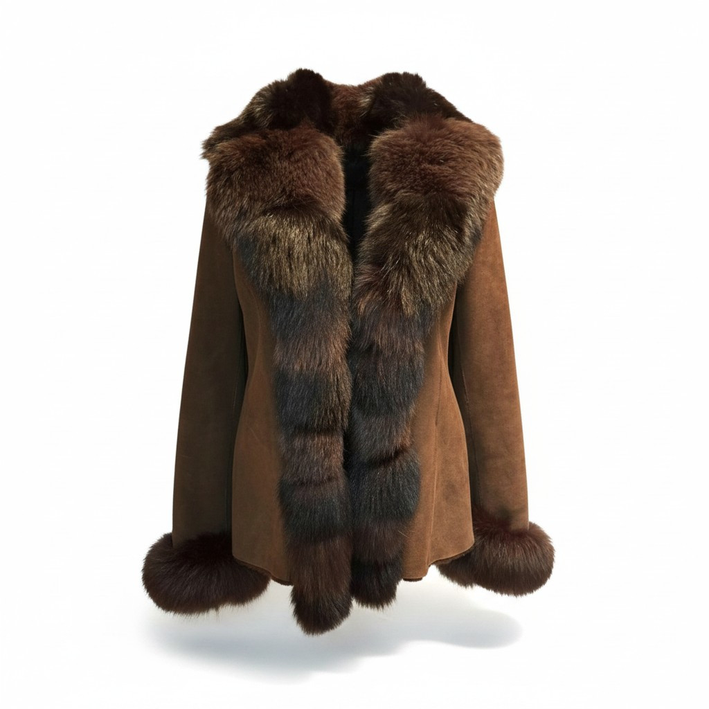 Fox & Mouton shearling Real Fur Coat  Brown Elegant Jacket Size  S/M Japan