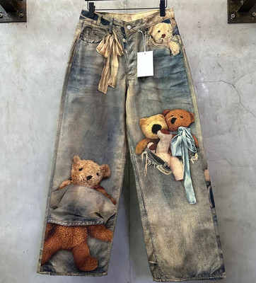 KUCLUT 2025 Autumn Winter Niche Print Contrast Loose Wide Jeans for Women 1A1517