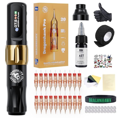 Dragonhawk Atom2 Tattoo Kit Wireless Pro Gun Machine 20 Tattoo Cartridges Rca 