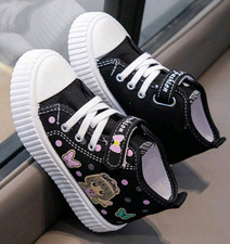 Girls Canvas High Top Lace-Up Trainers Black/White Polka Dot Butterfly siz 28,34