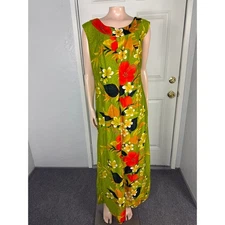 Vintage 70s Sears Fashion Women's Dress Floral Cotton Party Hawaiian Maxi Z6