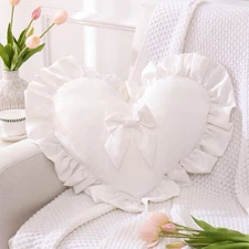 Best MOJUN Heart Pillows White Bow Ruffle Love Shaped Throw Pillows Decorative