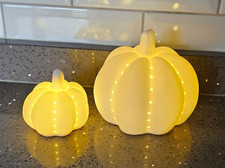 Saisonaler Herbst Halloween matt weiß LED beleuchtet Keramik Kürbis 2er Set