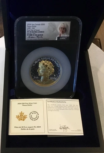 2024 Canada $50 5-oz Silver Gold-Plated Peace Dollar Ultra High Relief NGC PF70!